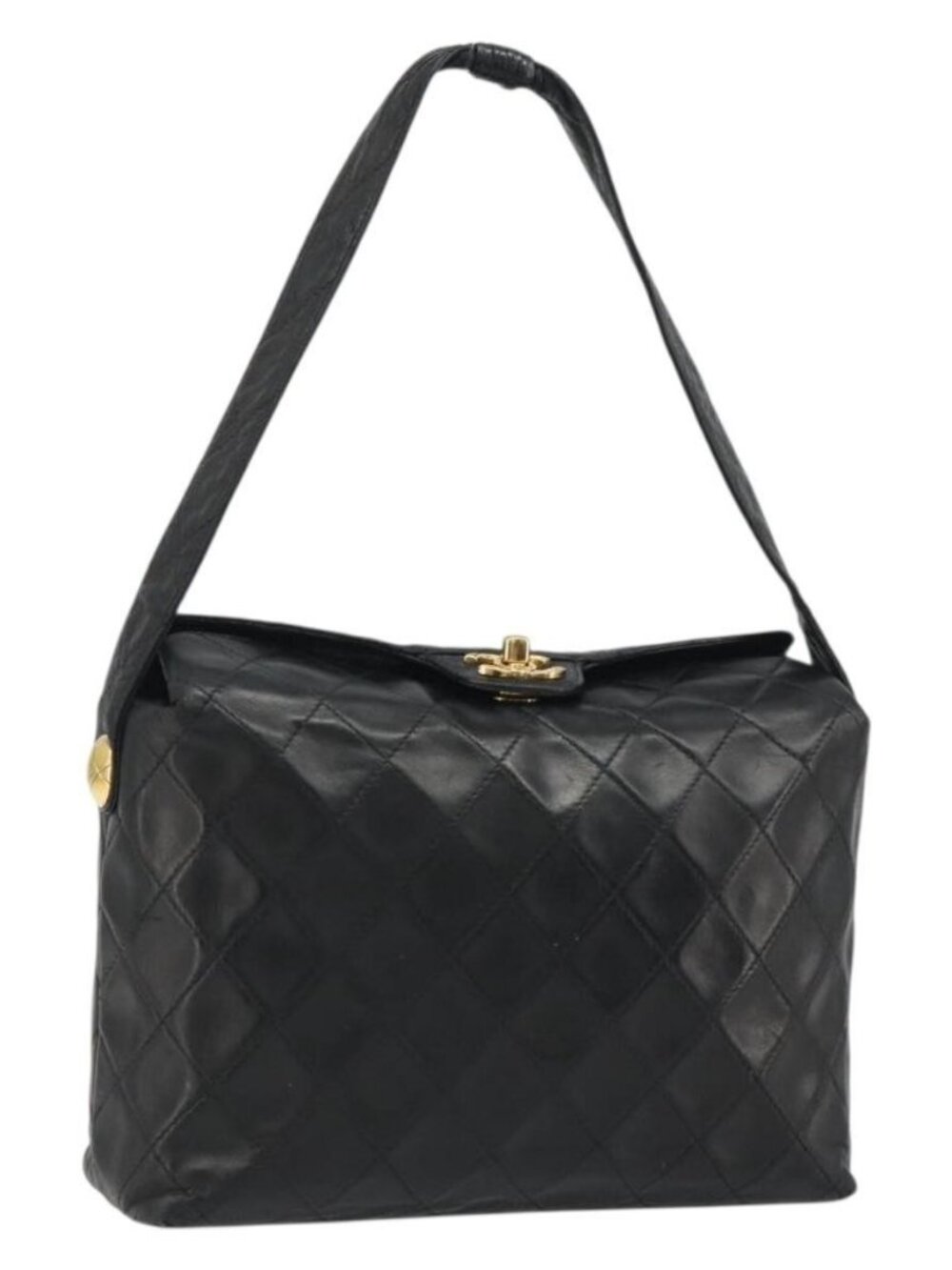 CHANEL Matelasse Chain Shoulder Bag Leather Black Gold CC Auth 188720